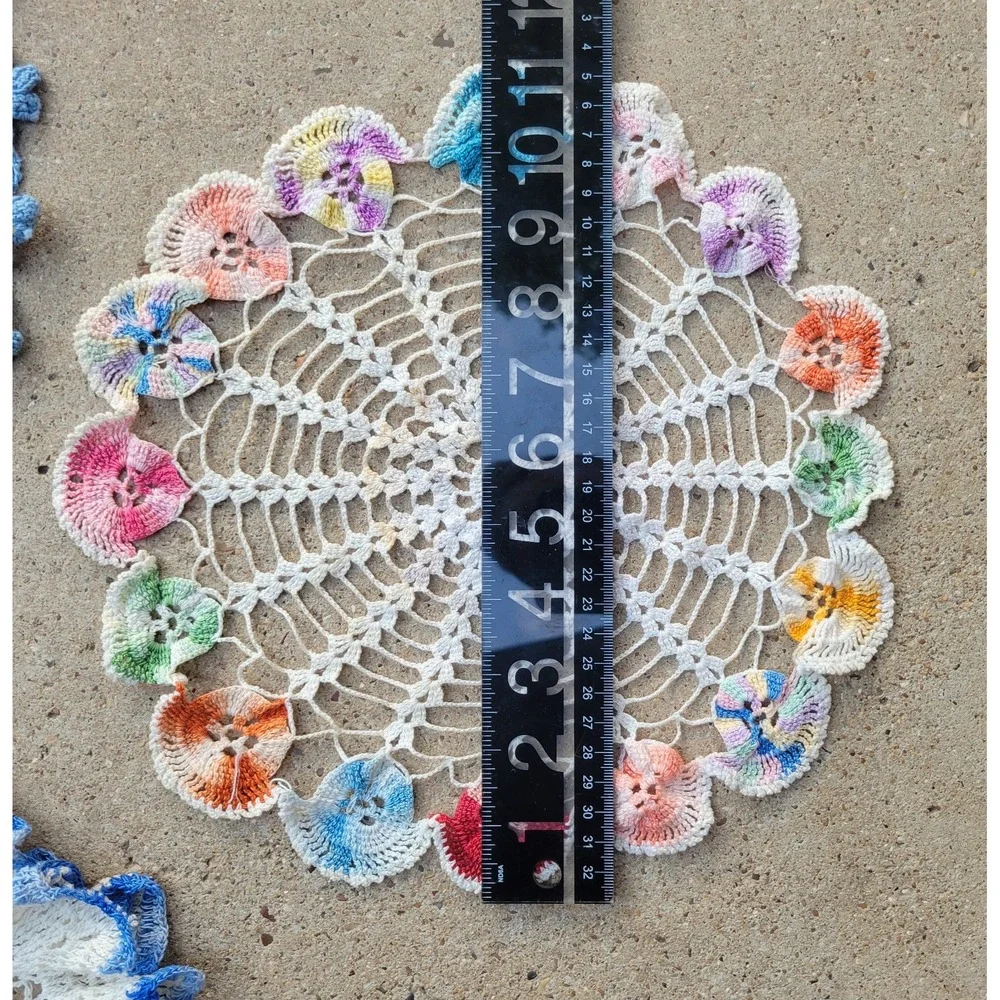 Lot 4 Vintage Hand Crocheted Doilies Round Multi Color Ruffled Lace Flowers-Read